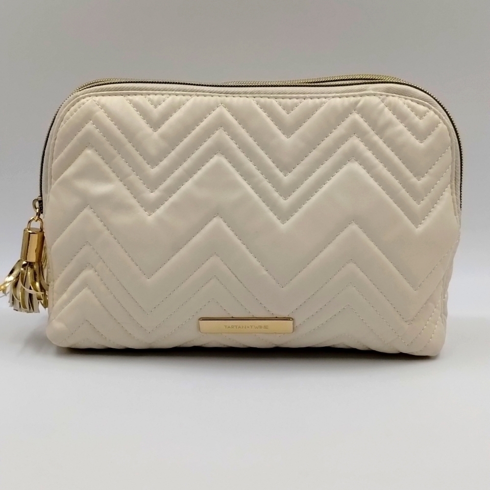 Tartan Twine quilted two part makeup bag zip top with gold tassels cream